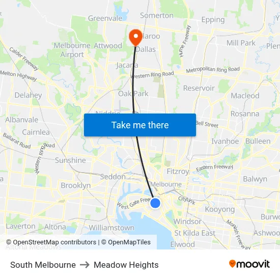 South Melbourne to Meadow Heights map