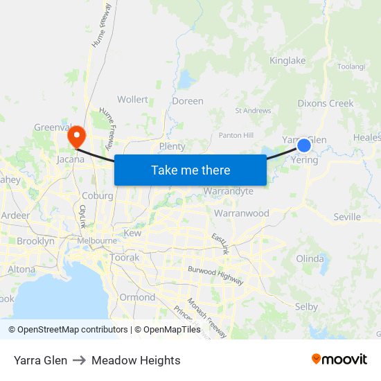 Yarra Glen to Meadow Heights map