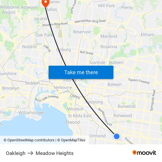 Oakleigh to Meadow Heights map