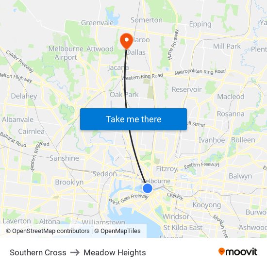 Southern Cross to Meadow Heights map