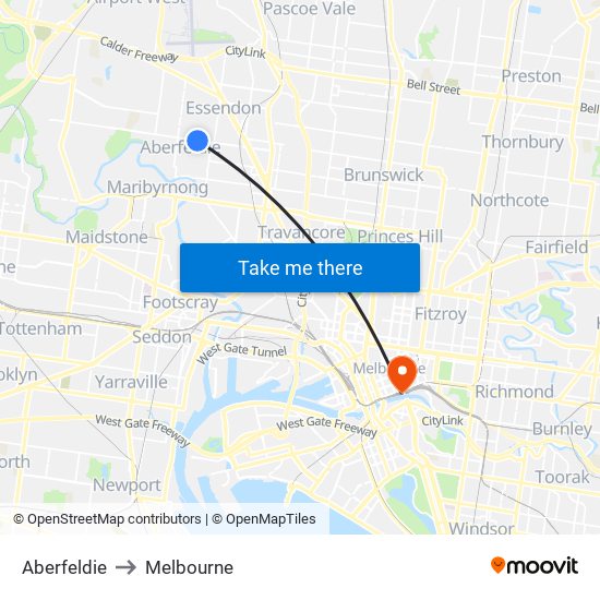 Aberfeldie to Melbourne map