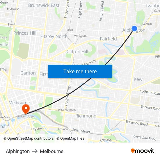 Alphington to Melbourne map