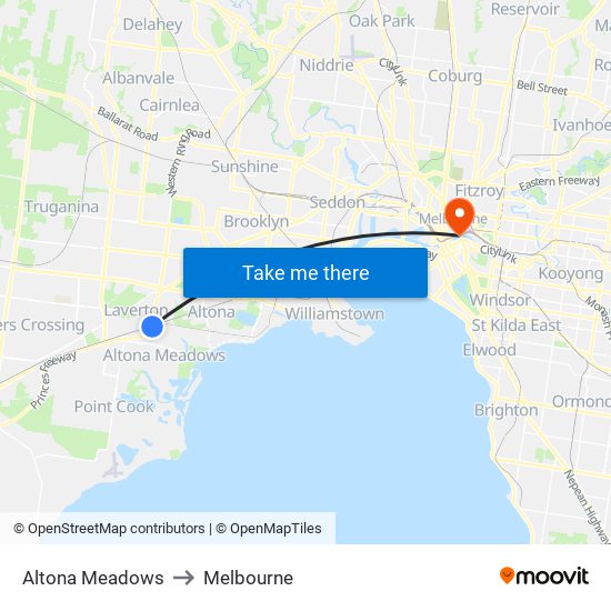 Altona Meadows to Melbourne map