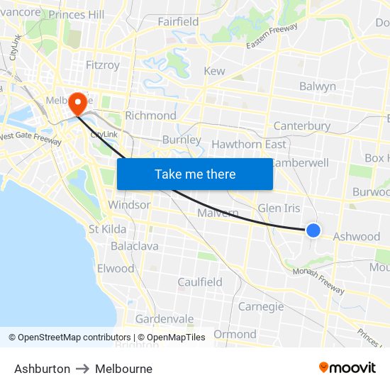 Ashburton to Melbourne map