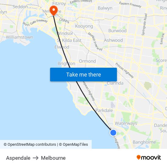 Aspendale to Melbourne map