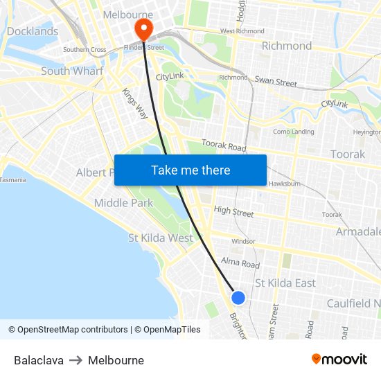 Balaclava to Melbourne map