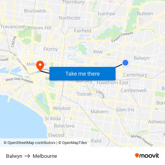 Balwyn to Melbourne map