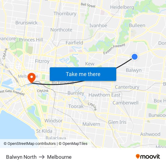 Balwyn North to Melbourne map