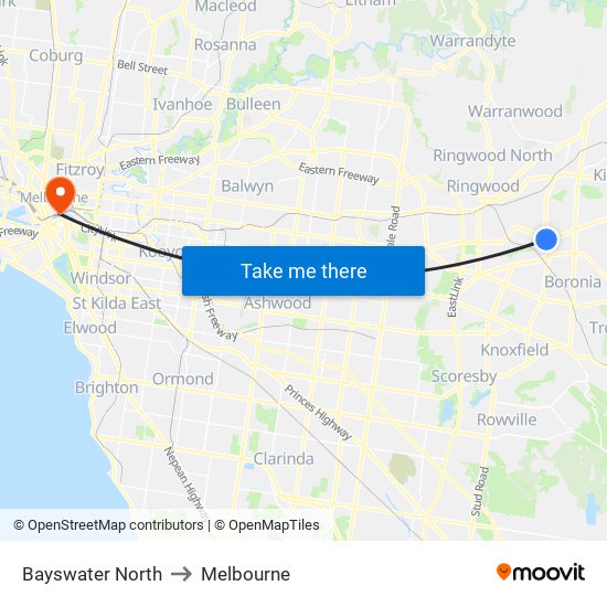 Bayswater North to Melbourne map