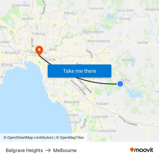 Belgrave Heights to Melbourne map
