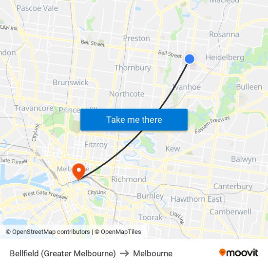 Bellfield (Greater Melbourne) to Melbourne map