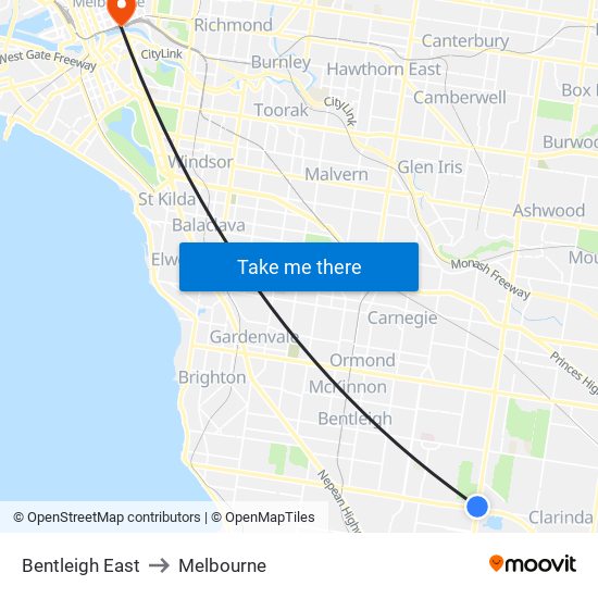 Bentleigh East to Melbourne map