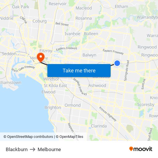 Blackburn to Melbourne map