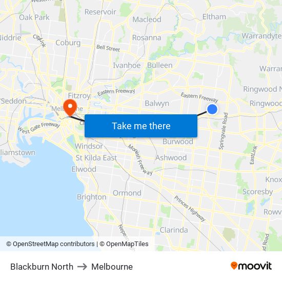 Blackburn North to Melbourne map