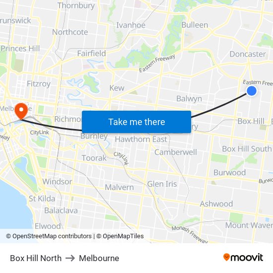 Box Hill North to Melbourne map