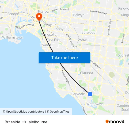 Braeside to Melbourne map