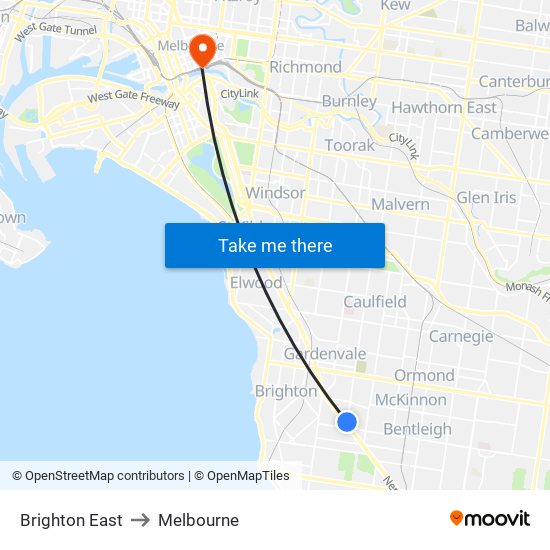 Brighton East to Melbourne map