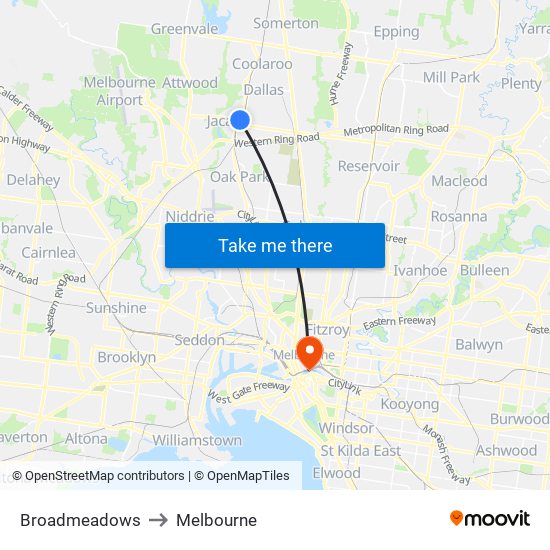 Broadmeadows to Melbourne map