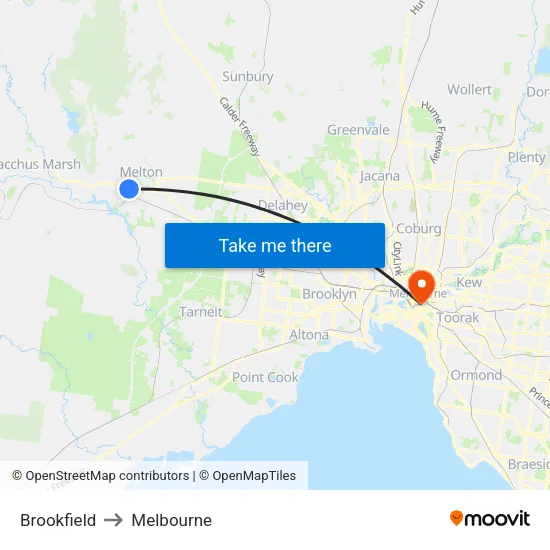 Brookfield to Melbourne map