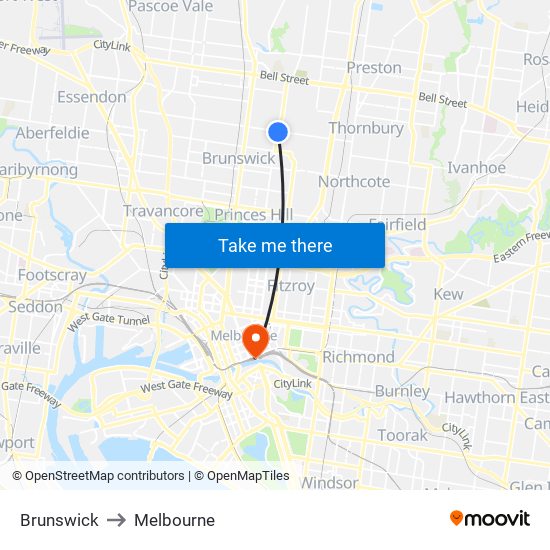 Brunswick to Melbourne map