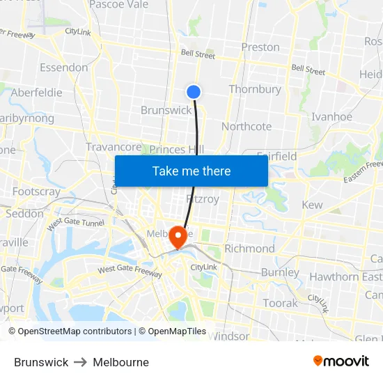 Brunswick to Melbourne map