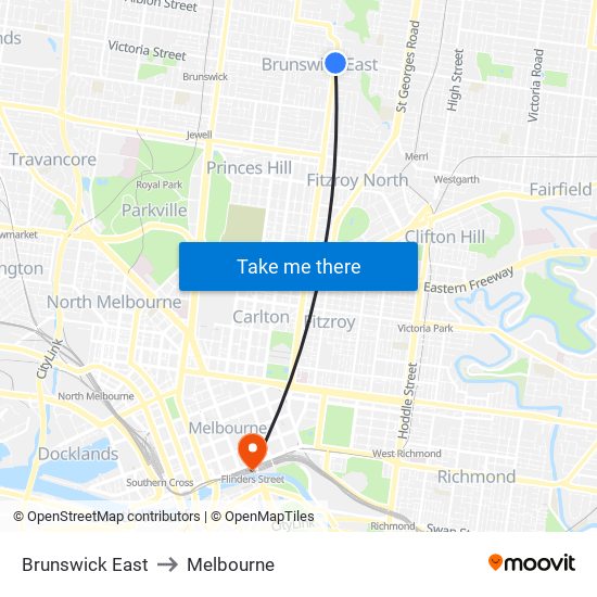 Brunswick East to Melbourne map