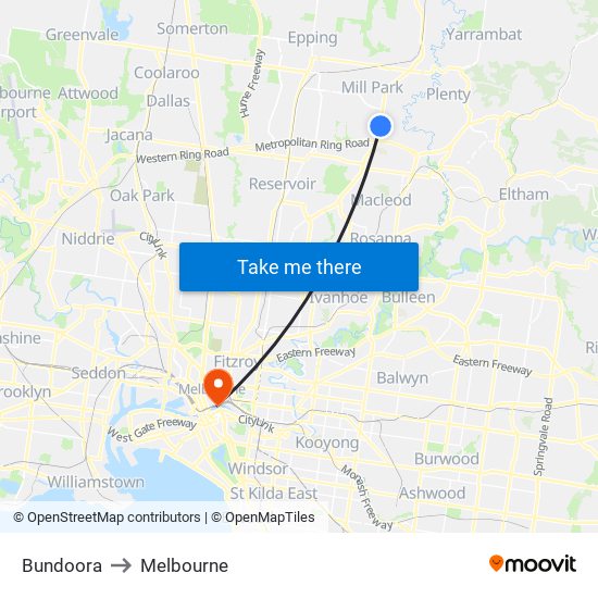 Bundoora to Melbourne map