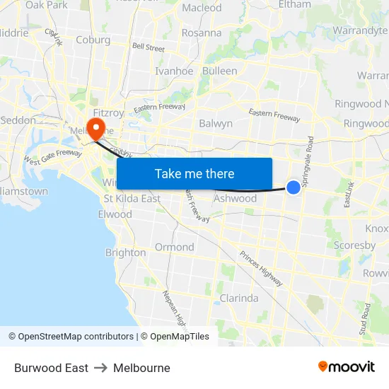 Burwood East to Melbourne map