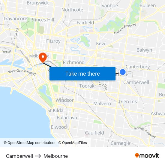 Camberwell to Melbourne map