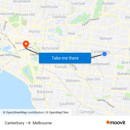 Canterbury to Melbourne map