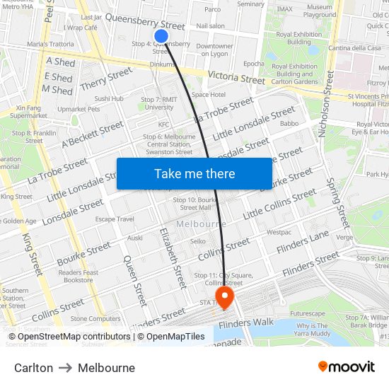 Carlton to Melbourne map