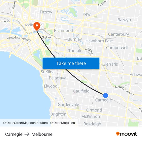 Carnegie to Melbourne map