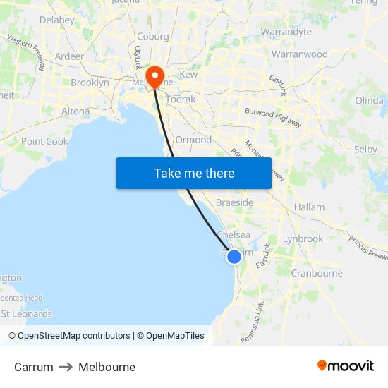 Carrum to Melbourne map