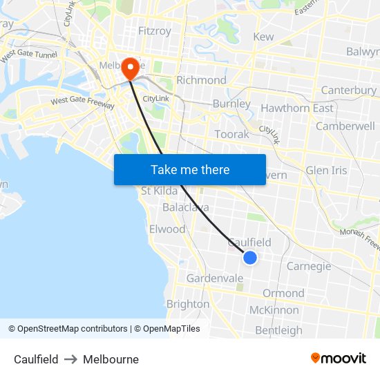 Caulfield to Melbourne map