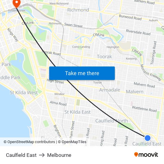 Caulfield East to Melbourne map