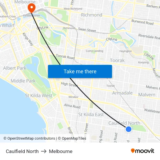 Caulfield North to Melbourne map