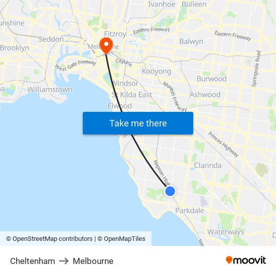 Cheltenham to Melbourne map