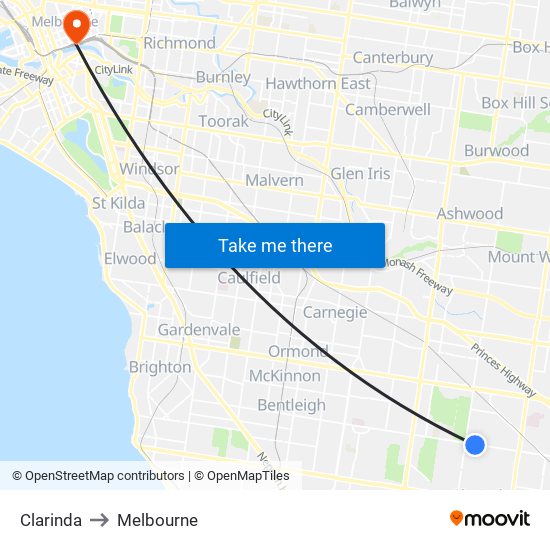 Clarinda to Melbourne map