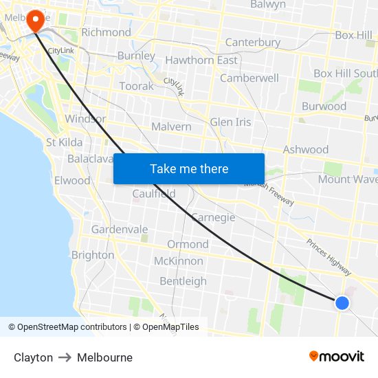 Clayton to Melbourne map