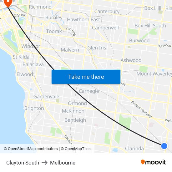 Clayton South to Melbourne map