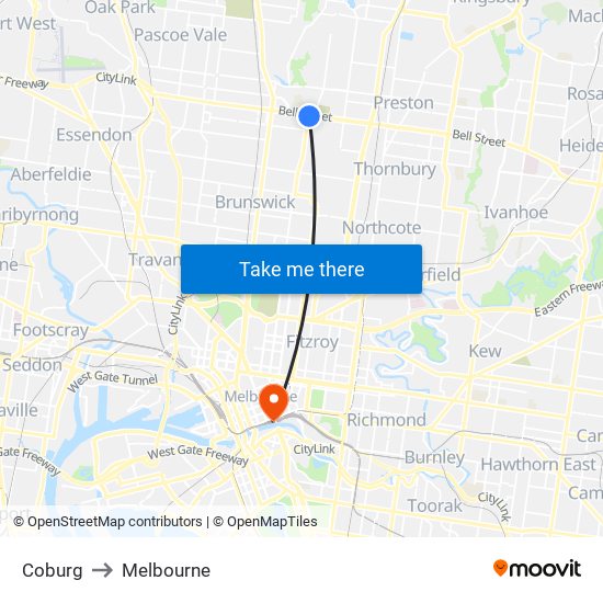 Coburg to Melbourne map