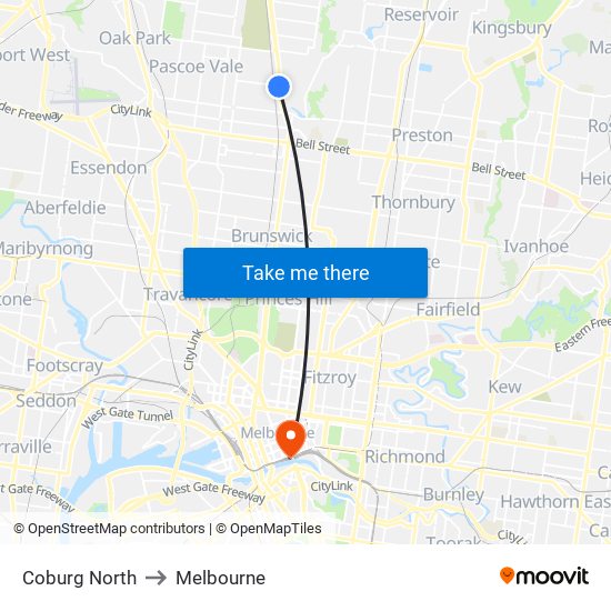 Coburg North to Melbourne map