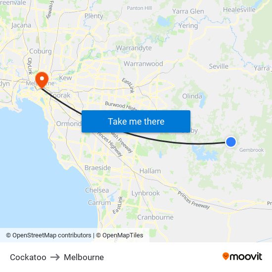 Cockatoo to Melbourne map