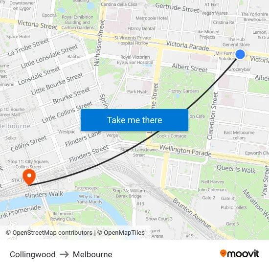 Collingwood to Melbourne map