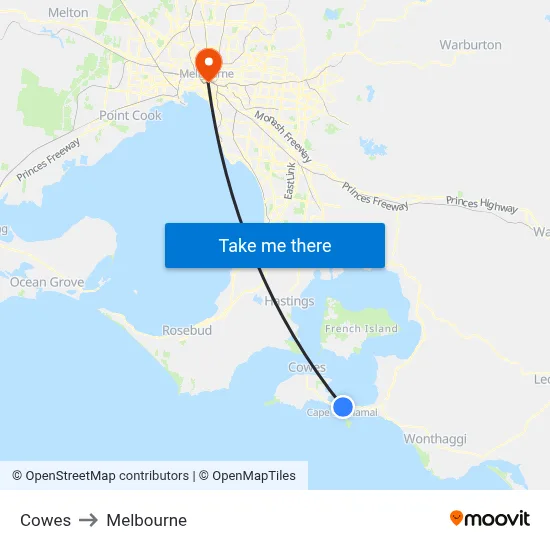 Cowes to Melbourne map