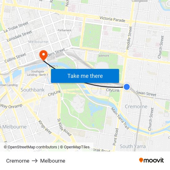 Cremorne to Melbourne map