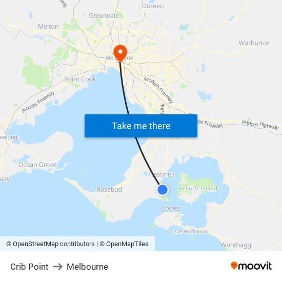 Crib Point to Melbourne map