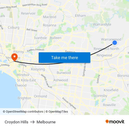 Croydon Hills to Melbourne map