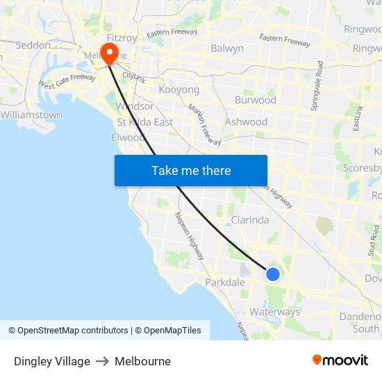 Dingley Village to Melbourne map