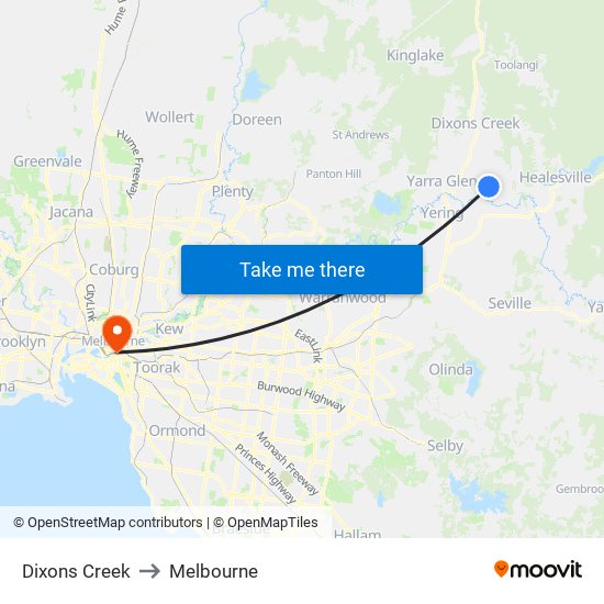 Dixons Creek to Melbourne map